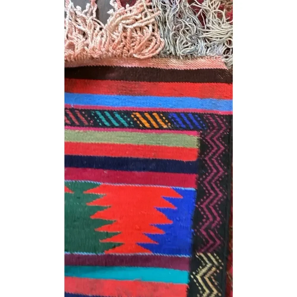 Vintage Turkish Kilim Rug 35x49 Wool Hand Woven Tribal Boho Accent Rug Striped